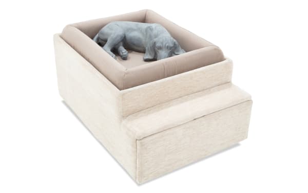 Modular Bob® Beige Pet Bed Console in contemporary style, featuring beige polyester fabric upholstery with a cushioned pet bed and integrated step for easy pet access.