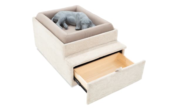 Beige Modular Bob® pet bed console in contemporary style with soft polyester fabric upholstery, featuring a cushioned pet bed and a pull-out storage drawer.