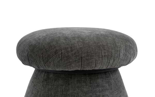 Mushroom Gray Storage Ottoman in transitional style, gray polyester fabric upholstery, rounded cushioned top, and sturdy MDF base for versatile seating and storage.