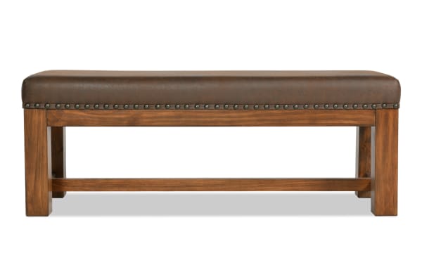 Rustic Tahoe Brown Upholstered Bench with solid pine frame, brown faux leather seat, and nailhead trim, from Tahoe Bedroom collection.