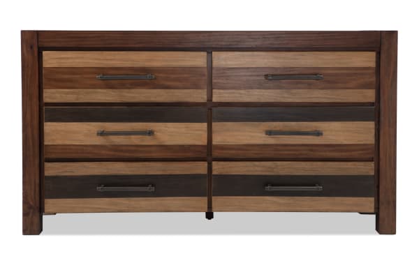 Rustic Tahoe Brown 6 Drawer Dresser in solid pine with mixed brown tones, metal handles, cedar-lined bottom drawers, and felt-lined top drawers.
