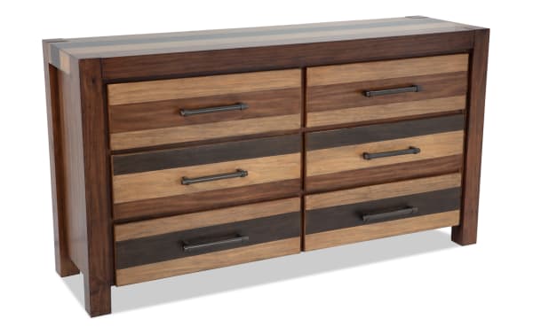Rustic Tahoe Brown 6 Drawer Dresser in solid pine with mixed brown tones, metal handles, cedar-lined bottom drawers, and felt-lined top drawers.