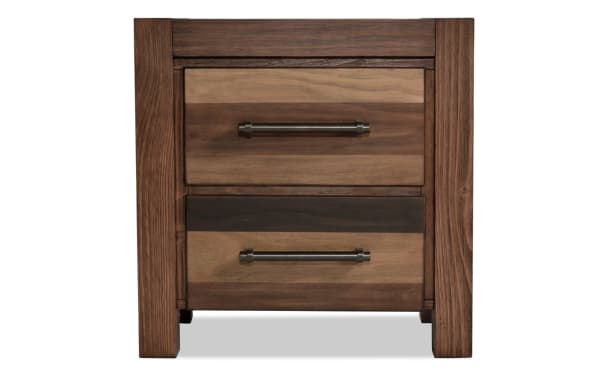 Rustic Tahoe Brown 2 Drawer Nightstand in solid pine with mixed brown tones, metal handles, part of Tahoe Bedroom collection, featuring sturdy frame and spacious drawers.