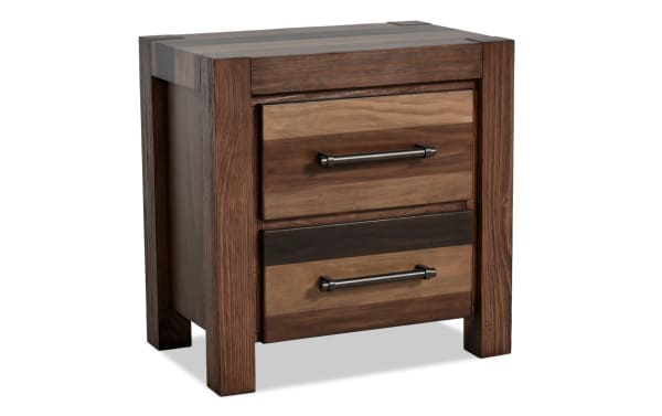 Rustic Tahoe Brown 2 Drawer Nightstand in solid pine with mixed brown tones, metal handles, and a sturdy frame from Tahoe Bedroom collection.