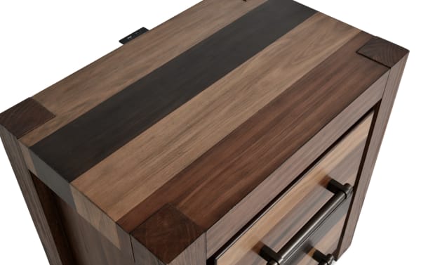 Rustic Tahoe Brown 2 Drawer Nightstand in solid pine with multi-tone wood finish, metal handles, built-in USB/USB-C ports, from Tahoe Bedroom collection.