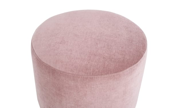 Transitional Eden Petal Swivel Ottoman in pink polyester fabric with plush upholstery, featuring 360-degree swivel and cylindrical shape.