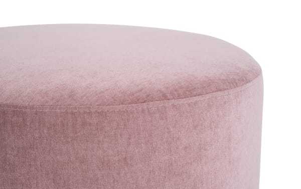 Eden Petal Swivel Ottoman in pink polyester fabric with plush upholstery, transitional style, and 360-degree swivel for versatile seating.