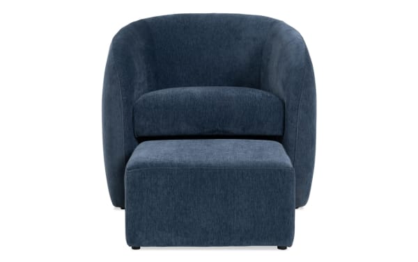 Gemma Blue Accent Chair & Ottoman in plush blue polyester fabric, transitional style with bucket seat design and memory foam cushioning.