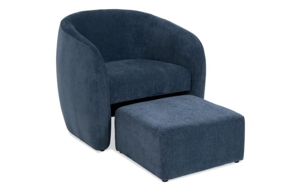 Transitional Gemma Blue Accent Chair & Ottoman set with plush blue polyester fabric upholstery and Bob-O-Pedic memory foam, featuring a cozy bucket design.