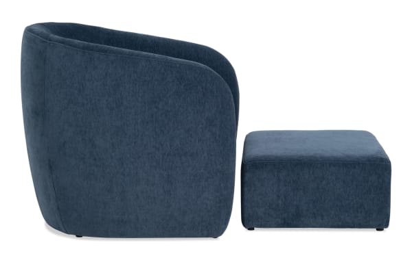 Transitional Gemma Blue Accent Chair and Ottoman set in plush blue polyester fabric with cozy bucket design and memory foam cushioning for comfort.