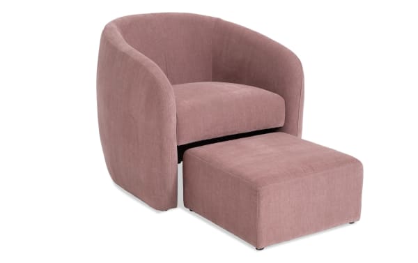 Transitional Gemma Blush Accent Chair & Ottoman set in soft blush pink polyester fabric with plush Bob-O-Pedic Memory Foam and rounded bucket design.