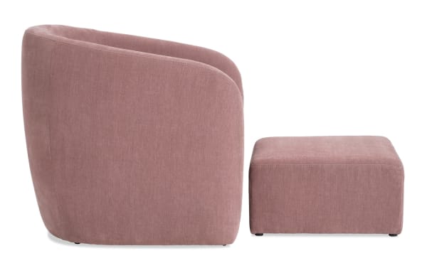 Transitional Gemma Blush Accent Chair and Ottoman set in soft blush pink polyester fabric with plush memory foam cushioning and rounded bucket design.
