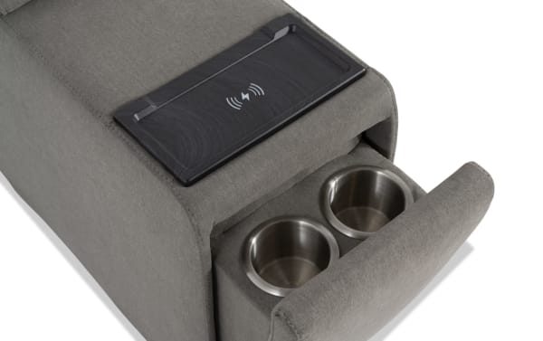 Dream Gray Console with USB & USB-C ports, gray polyester fabric, transitional style, featuring built-in wireless charger and dual stainless steel cup holders.