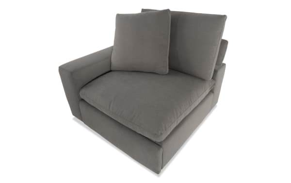 Dream Gray Power Reclining Left Arm Facing Chair with reversible oversized cushions, power headrest, gray polyester fabric, and transitional style.