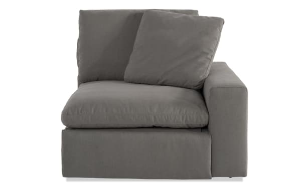 Dream Gray Power Reclining Right Arm Facing Chair with power headrest, gray polyester fabric, oversized reversible cushions, and transitional style.