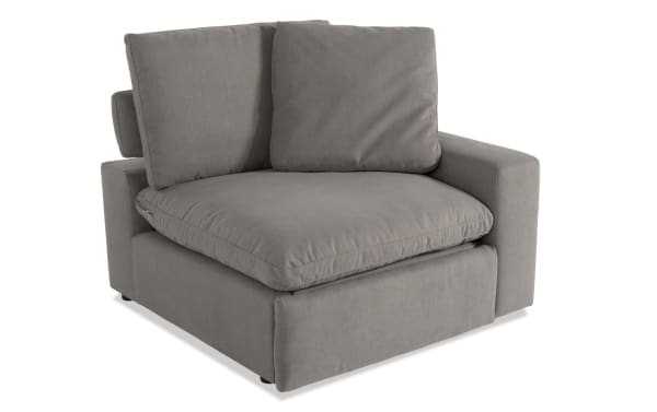 Dream Gray Power Reclining Right Arm Facing Chair with Power Headrest in gray polyester fabric, oversized reversible cushions, and transitional style.