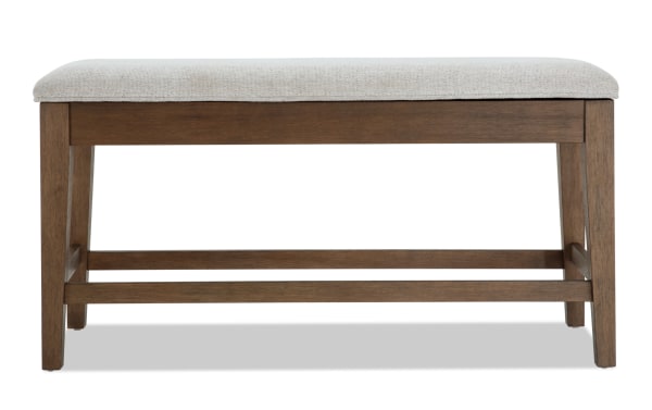 Brookline Brown & White Upholstered Counter Height Storage Dining Bench with white polyester fabric seat, brown solid wood frame, and hidden storage.