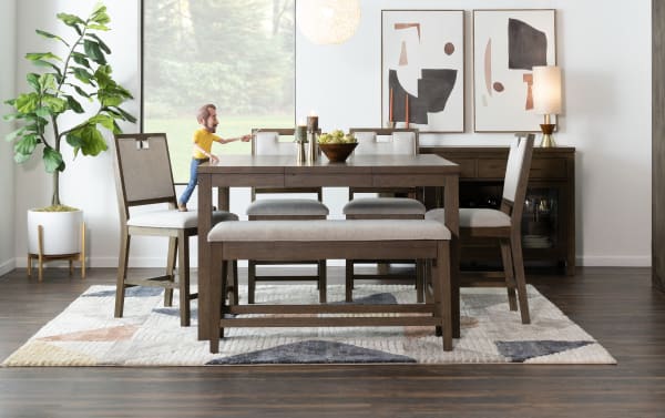 Brookline Brown & White Upholstered Counter Height Storage Dining Bench in white polyester fabric with solid wood frame, part of Brookline Dining collection, featuring transitional style, memory foam cushion, and hidden storage under the seat.