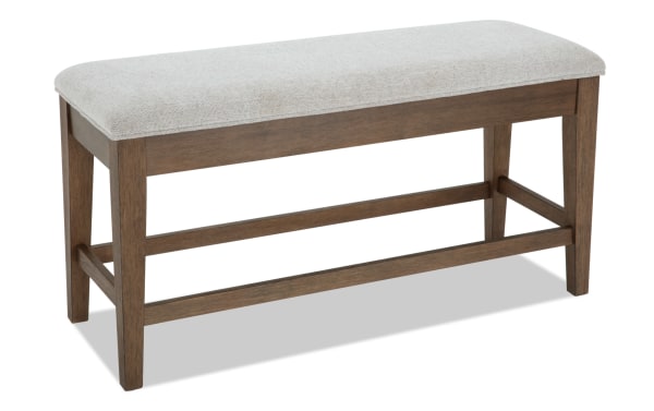 Brookline Brown & White Upholstered Counter Height Storage Dining Bench with white polyester fabric, solid wood frame, transitional style, and hidden storage.