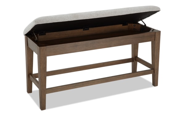 Brookline Brown & White Upholstered Counter Height Storage Dining Bench with polyester fabric cushion, solid acacia and oak veneer wood frame, transitional style.