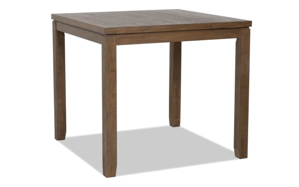 Brookline Brown Counter Height Square Dining Table in transitional style, made of solid acacia, rubberwood, MDF, and oak veneers with a smooth brown wood finish.