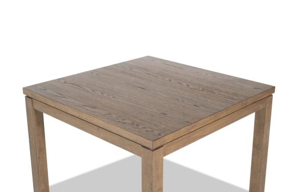 Brookline Brown counter height square dining table with solid acacia wood, rubberwood solids, MDF, and oak veneers in a transitional style.