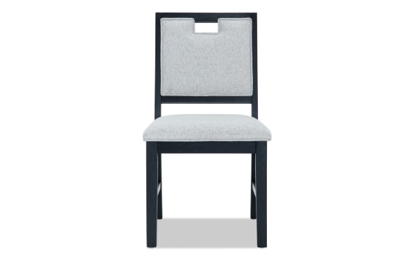 Brookline Black & White Upholstered Dining Chair with white polyester fabric, black wood frame, transitional style, memory foam seat cushion.