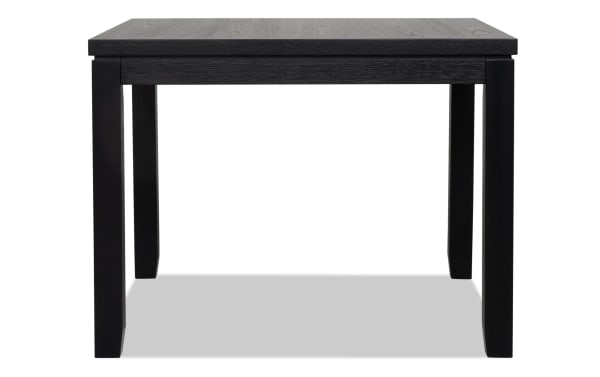 Brookline Black Square Dining Table in transitional style, crafted from solid acacia, rubberwood, MDF, and oak veneers with a smooth black finish.