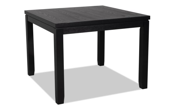 Brookline Black Square Dining Table in transitional style, crafted from solid acacia, rubberwood, MDF, and oak veneers with a smooth black finish.