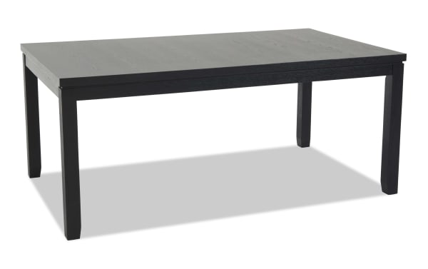 Rectangular black wooden dining table with a smooth surface and four sturdy square legs, suitable for modern dining rooms or offices.