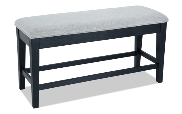 Brookline Black & White Upholstered Counter Height Storage Dining Bench with white polyester fabric seat, black solid wood frame, transitional style, and hidden storage.