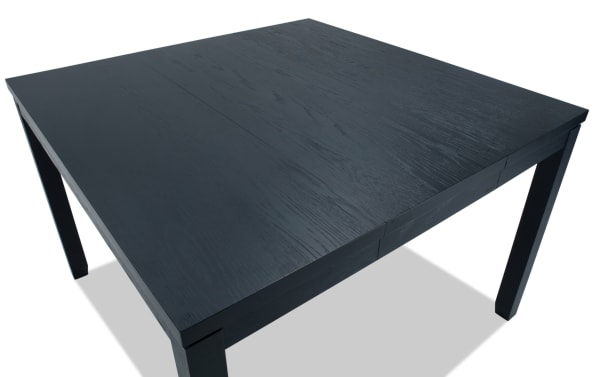 Brookline Black Counter Height Square Extendable Dining Table in transitional style, made of black MDF, rubberwood, acacia, and oak veneers with an 18" leaf extension.