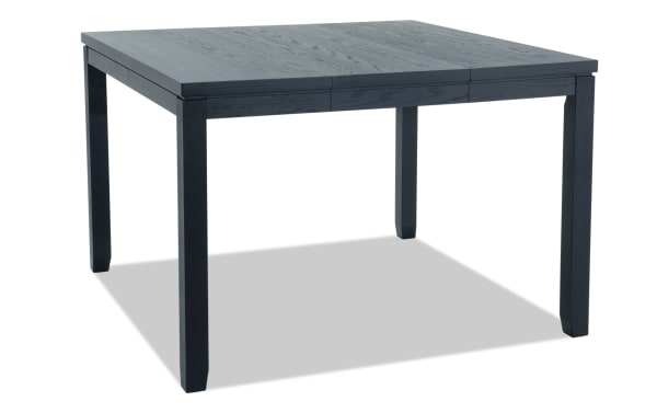 Brookline Black Counter Height Square Extendable Dining Table in transitional style, made from black MDF, rubberwood, acacia, and oak veneers with an 18" leaf extension.