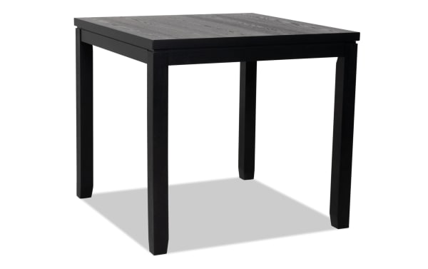 Brookline Black Counter Height Square Dining Table in transitional style, made of solid acacia, rubberwood, MDF, and oak veneers with a smooth black finish.