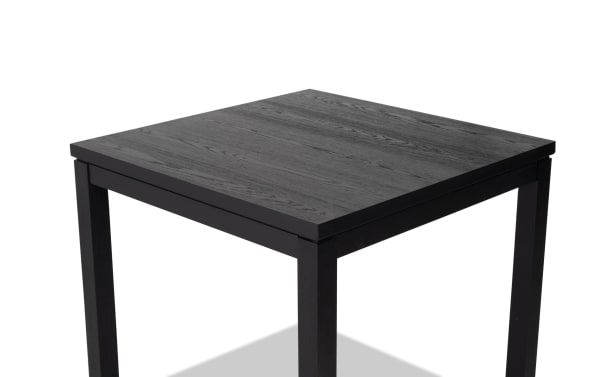 Brookline Black Counter Height Square Dining Table with solid acacia wood top, rubberwood legs, and oak veneer in a smooth transitional style.
