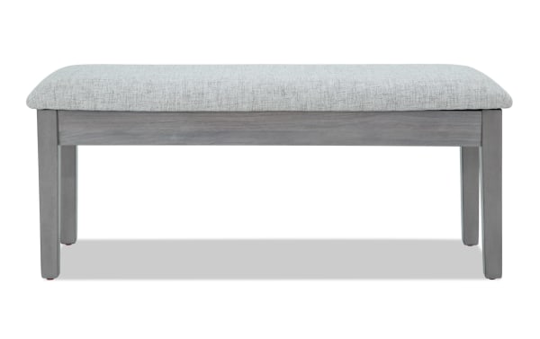 Homeworks Gray Upholstered Storage Dining Bench with cushioned polyester seat, gray wooden frame, lift-top storage, transitional style.