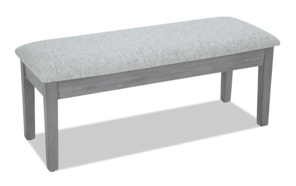 Homeworks Gray Upholstered Storage Dining Bench with cushioned polyester seat, gray wooden frame, lift-top storage, transitional style.