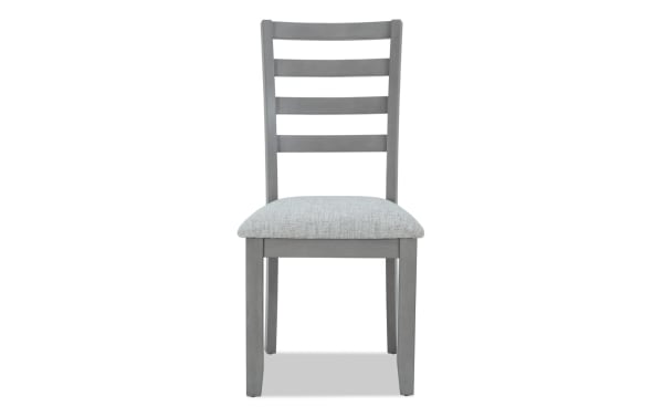 Homeworks Gray Ladder Back Upholstered Dining Chair with cushioned Bob-O-Pedic Memory Foam seat, gray melamine and rubberwood frame, transitional style.