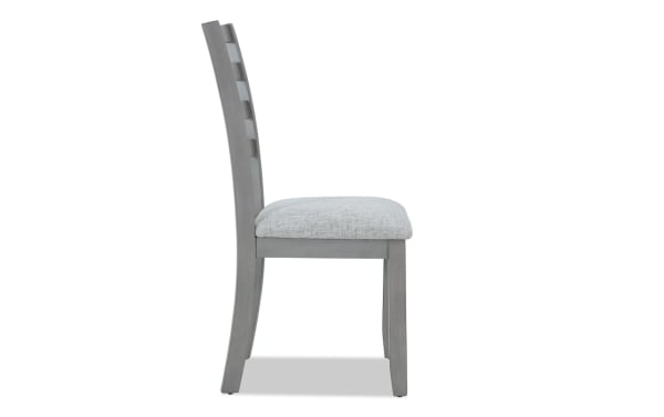 Homeworks Gray Ladder Back Upholstered Dining Chair with cushioned Bob-O-Pedic Memory Foam seat, gray melamine and wood frame, transitional style.