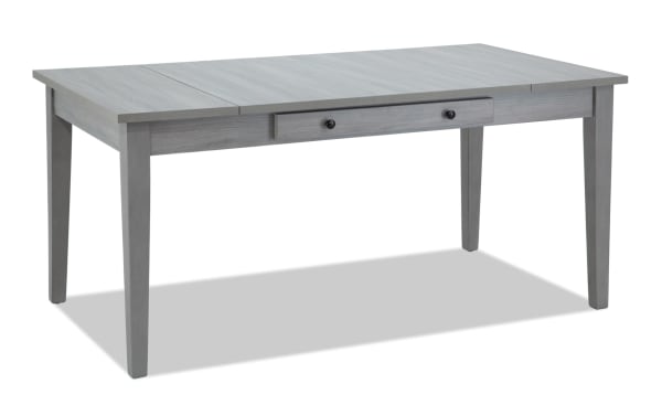 Homeworks Gray Lift-Top Storage Dining Table with transitional style, durable melamine finish, rubberwood frame, felt-lined drawers, and lift-top compartments for versatile storage.