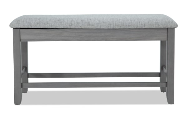 Homeworks Gray Upholstered Counter Height Storage Dining Bench with soft gray polyester cushion, durable gray wood frame, and lift-top storage.