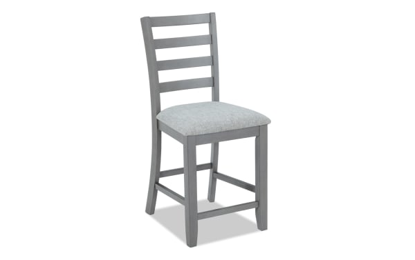 Homeworks Gray Ladder Back Counter Height Stool with cushioned Bob-O-Pedic Memory Foam seat, gray melamine and wood frame, transitional style.