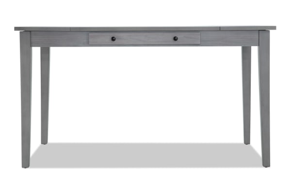 Homeworks Gray Counter Height Lift-Top Storage Dining Table in transitional style with durable melamine finish, rubberwood frame, and felt-lined drawers.