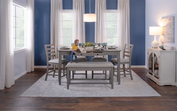 Transitional Homeworks Gray Counter Height Lift-Top Storage Dining Table with rubberwood frame, melamine finish, felt-lined drawers, and bench seating.
