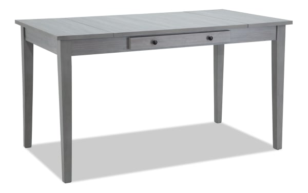 Homeworks Gray Counter Height Lift-Top Storage Dining Table in transitional style, made of melamine, MDF, plywood, and rubberwood with a gray finish and storage drawer.