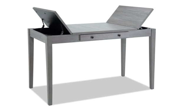 Homeworks Gray Counter Height Lift-Top Storage Dining Table with transitional style, gray melamine finish, rubberwood frame, and dual lift-top compartments.