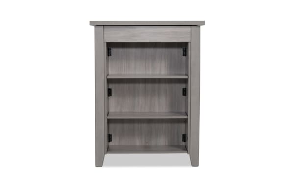 Homeworks Gray Kitchen Island with transitional style, featuring adjustable gray melamine shelves, rubberwood frame, and durable moisture-resistant finish.
