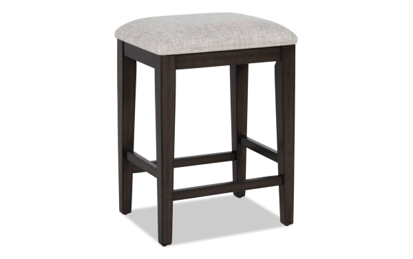 Homeworks Dark Brown & Gray backless counter height stool with cushioned polyester fabric seat, wooden frame, and transitional style design.