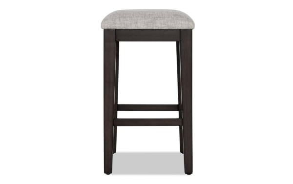 Homeworks Dark Brown & Gray backless counter stool with cushioned gray polyester fabric seat, wooden frame, transitional style, durable materials.