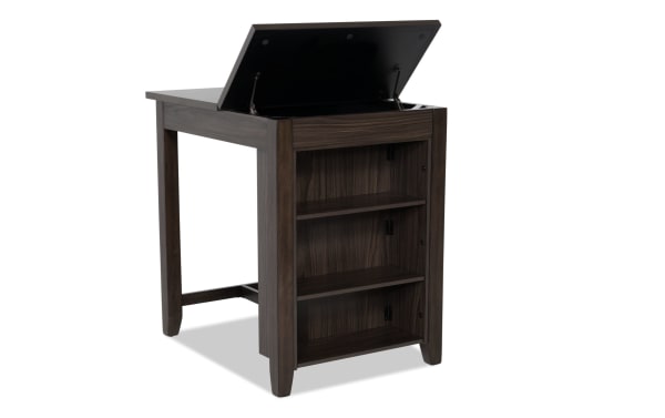 Homeworks Dark Brown Kitchen Island with lift-top storage, adjustable shelves, and rubberwood frame in transitional style, melamine finish.